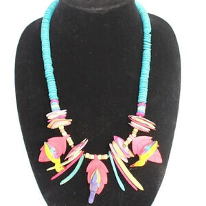 Vintage Tropical Birds Jewelry Hand Carved Wood Hawaii Flower Pendant Necklace